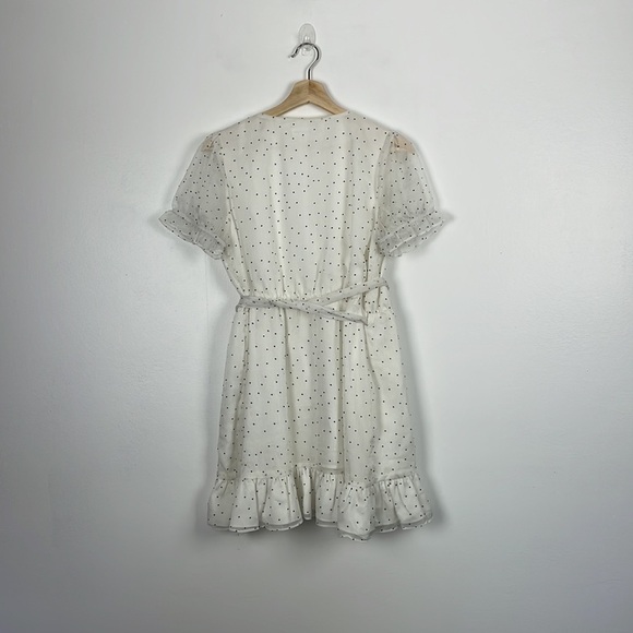 Super down short sleeve black white polka dot ruffle hem lined wrap mini dress - Picture 7 of 11